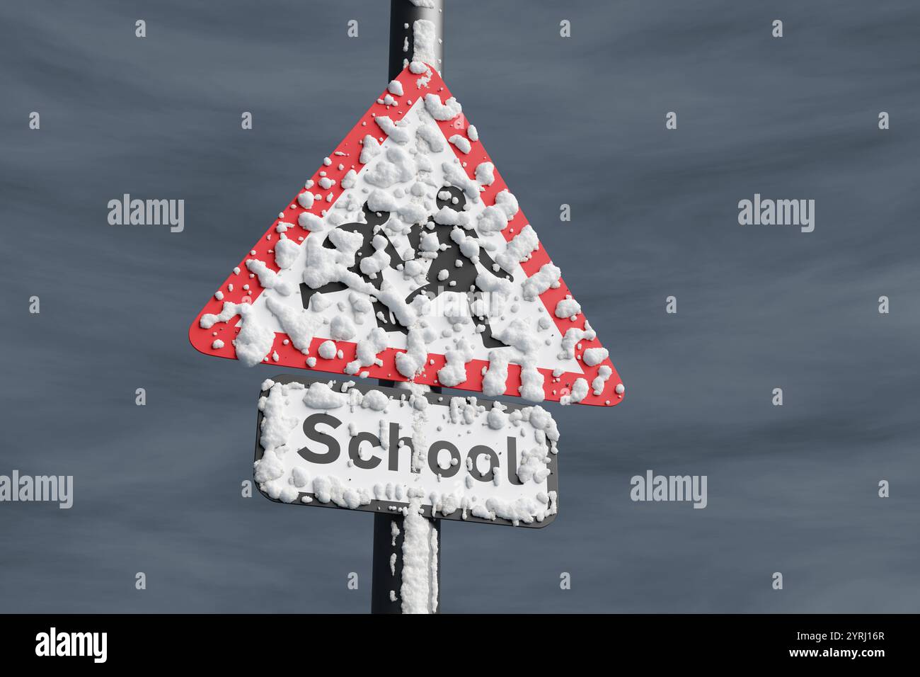 Segnaletica stradale triangolare coperta da neve durante la tempesta. Illustrazione in 3D del concetto di chiusura delle scuole a causa di un segnale di ghiaccio e di condizioni meteorologiche avverse Foto Stock
