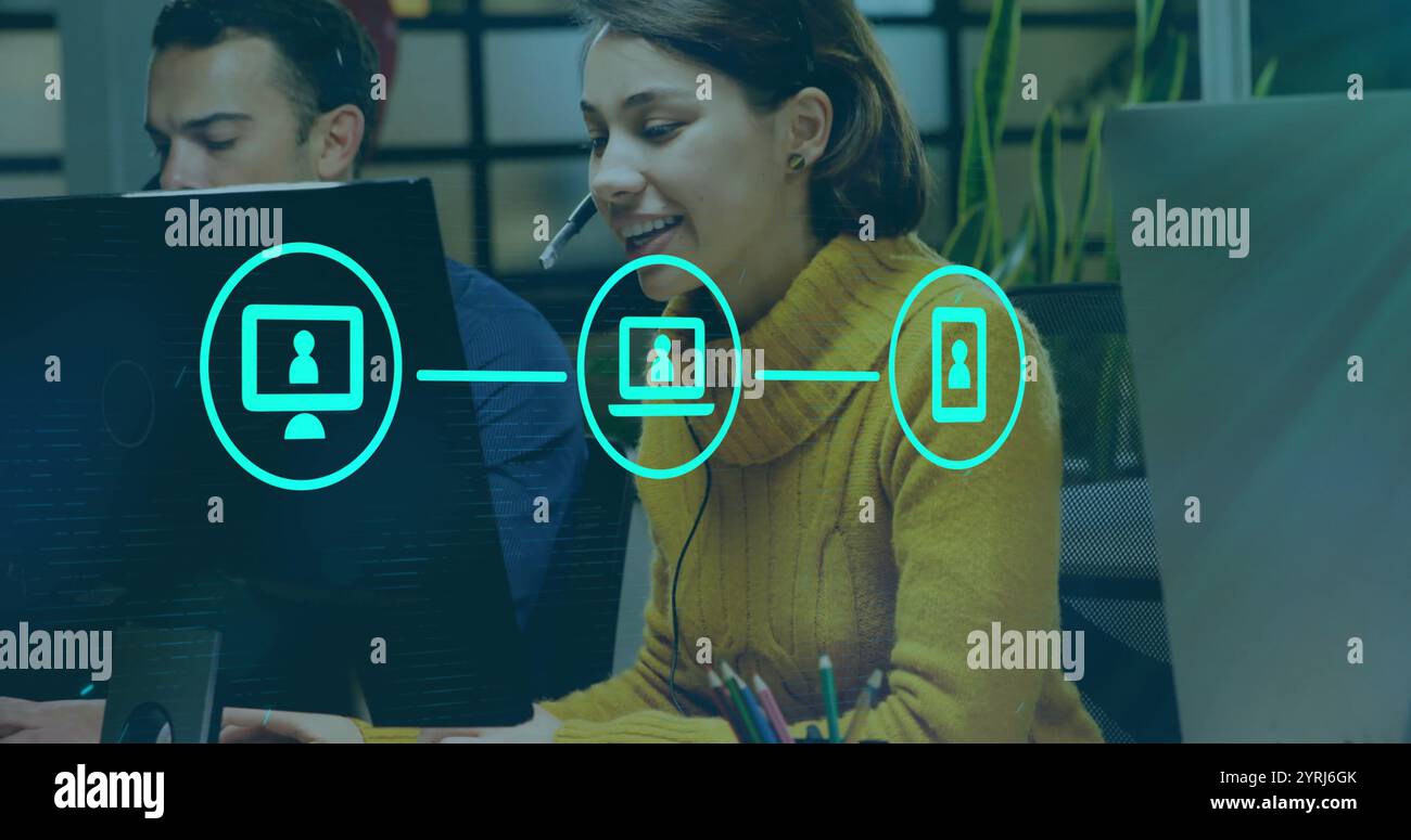 Immagine delle connessioni con icone di persone diverse che utilizzano cuffie per telefono Foto Stock