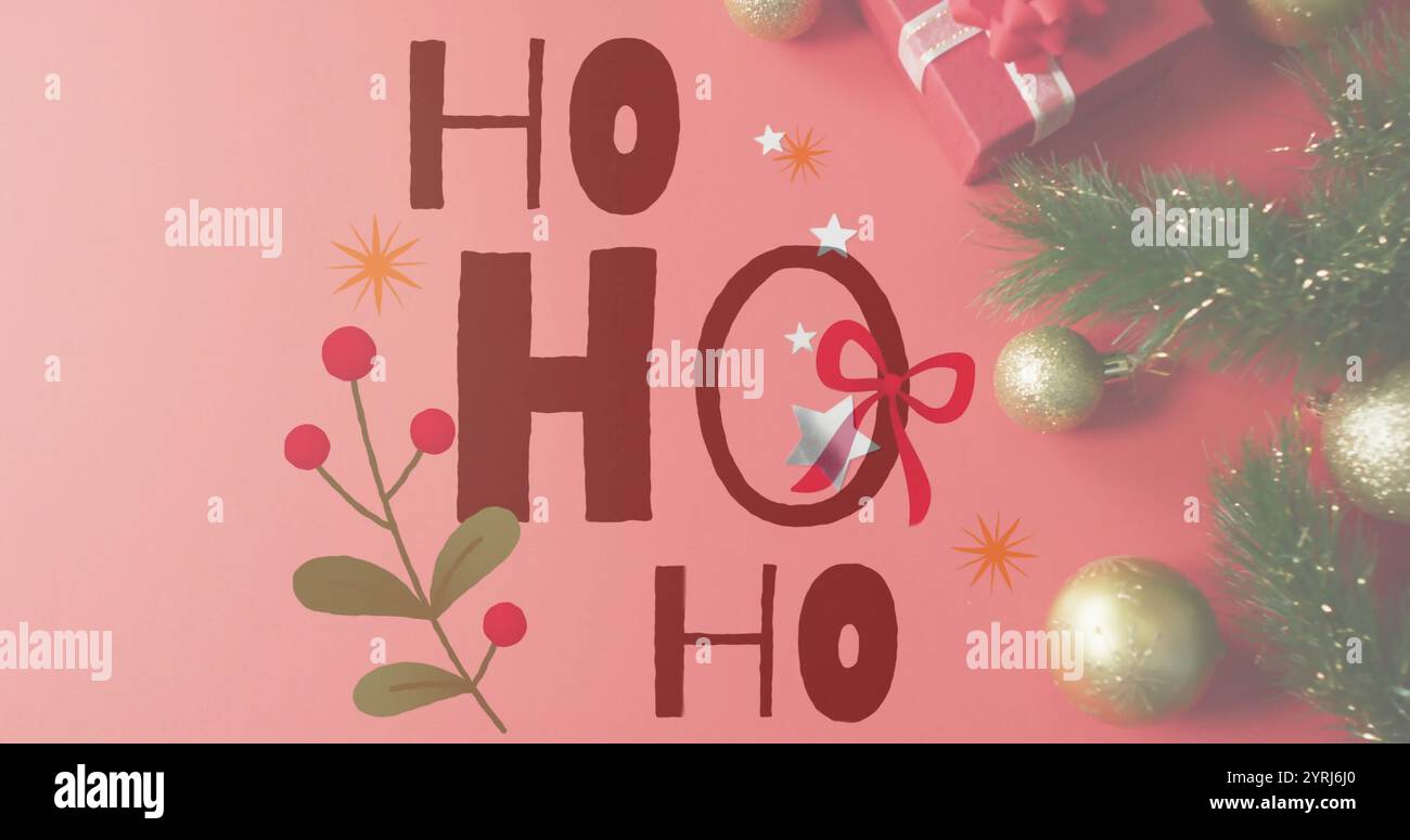 Decorazioni natalizie e confezione regalo su immagine di testo ho su sfondo rosa Foto Stock