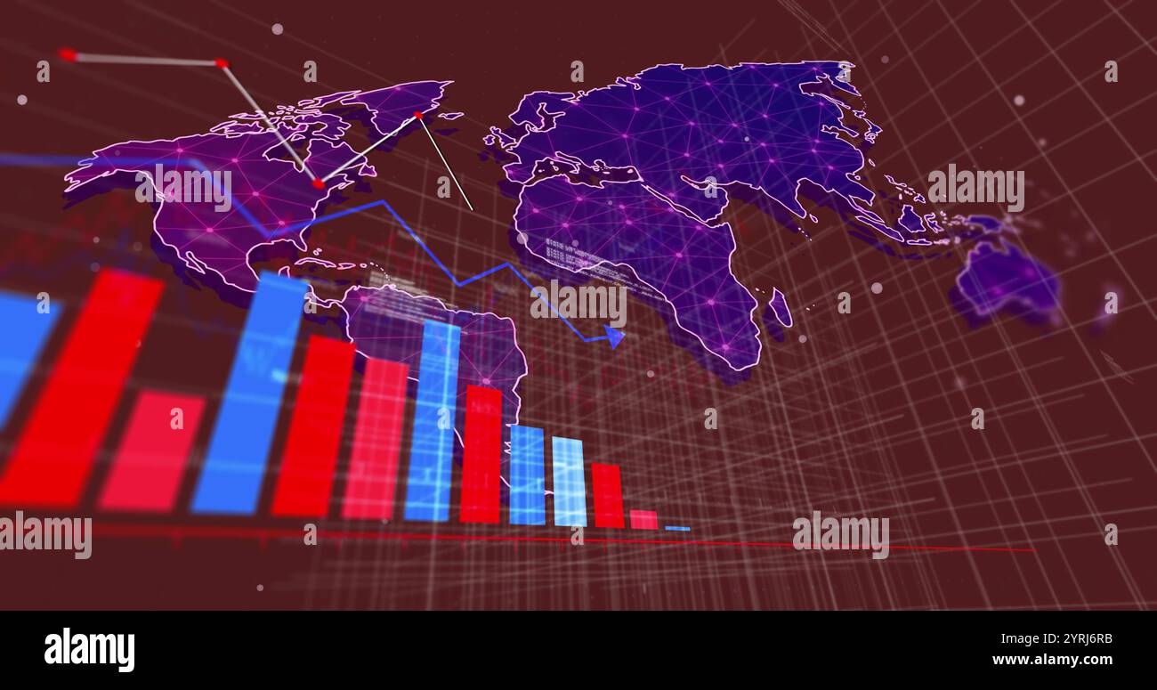 Elaborazione dei dati finanziari globali su grafici a barre e immagine della mappa mondiale Foto Stock