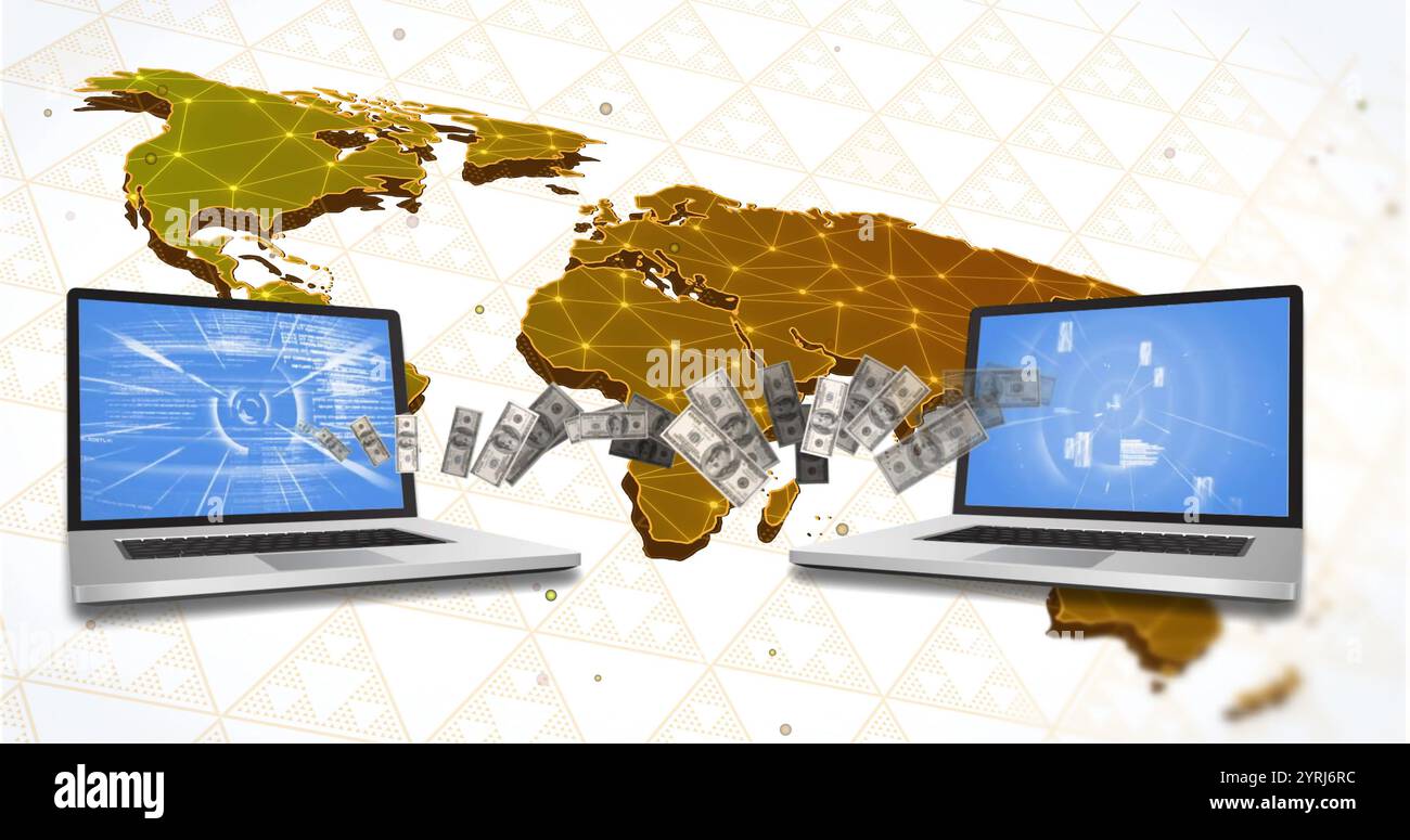 Immagine di, trasferimento di valuta digitale su computer portatili con sfondo della mappa mondiale Foto Stock