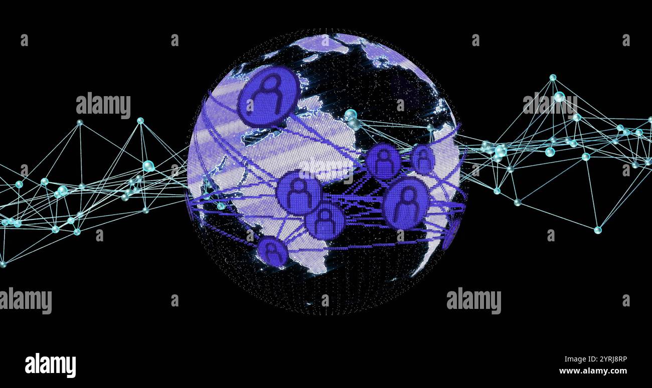 Immagine della rete globale di connessioni e icone utente sulla Terra rotante Foto Stock