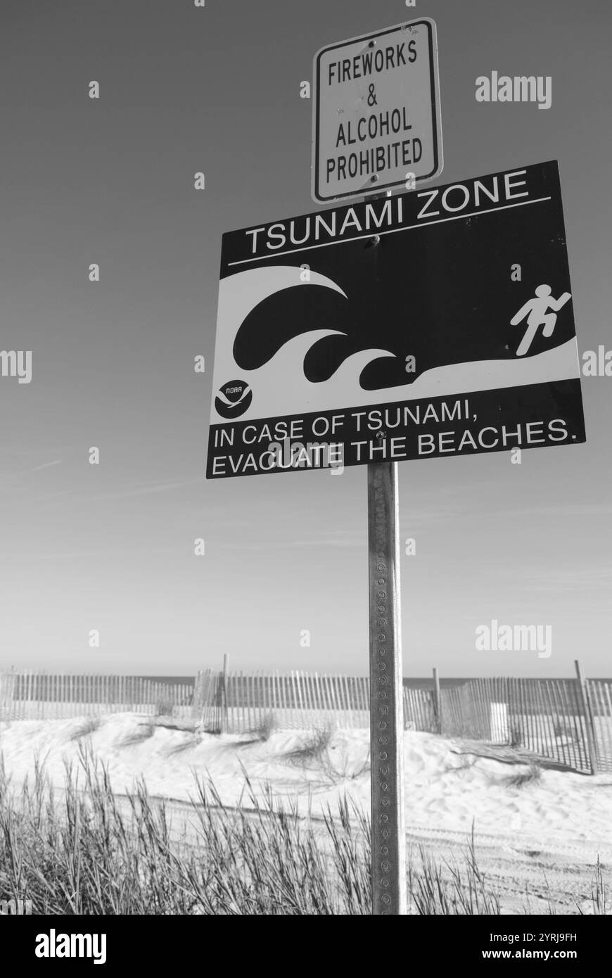 Cartello per la zona dello tsunami a Myrtle Beach, South Carolina, Stati Uniti Foto Stock