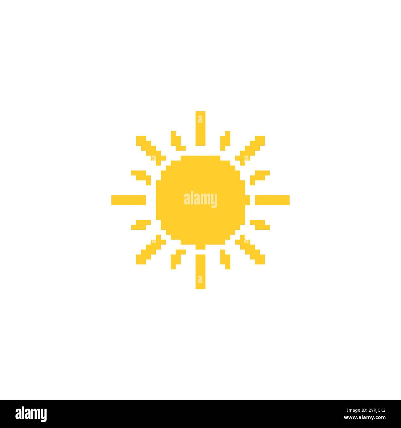 Illustrazione del sole pixellato. Semplice pixel art di un sole giallo con raggi che si estendono verso l'esterno Illustrazione Vettoriale