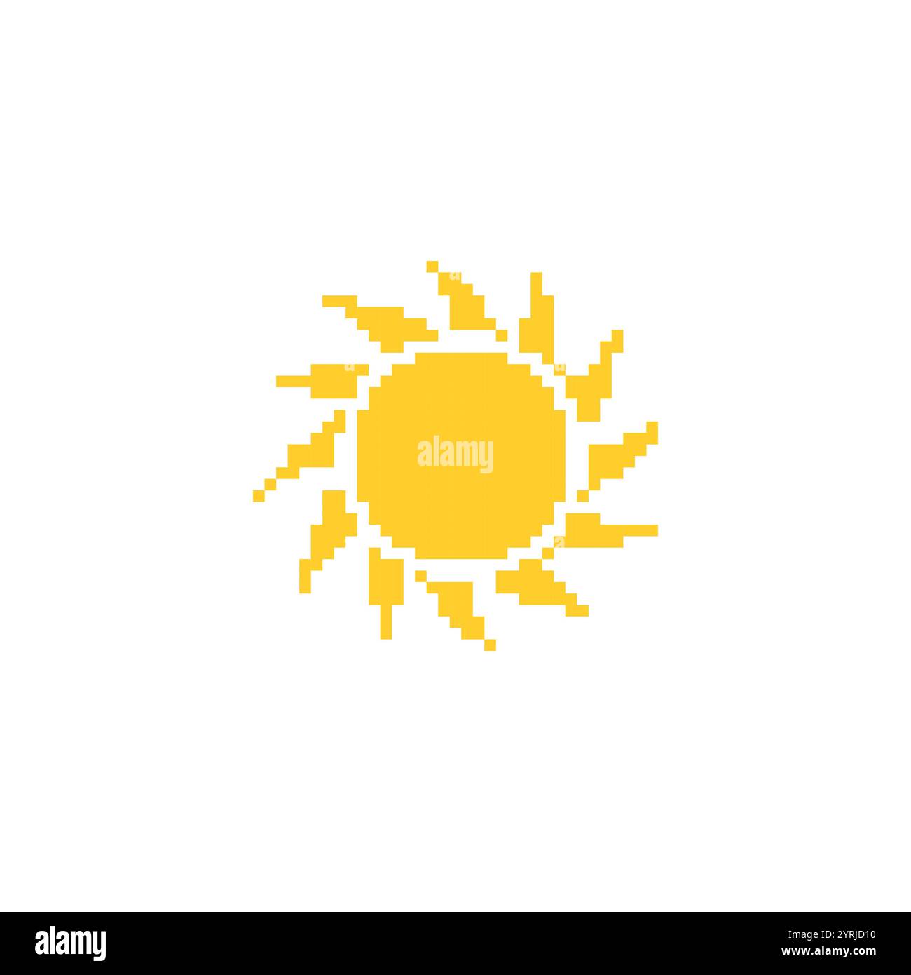 Illustrazione del sole pixellato. Semplice pixel art di un sole giallo con raggi che si estendono verso l'esterno Illustrazione Vettoriale