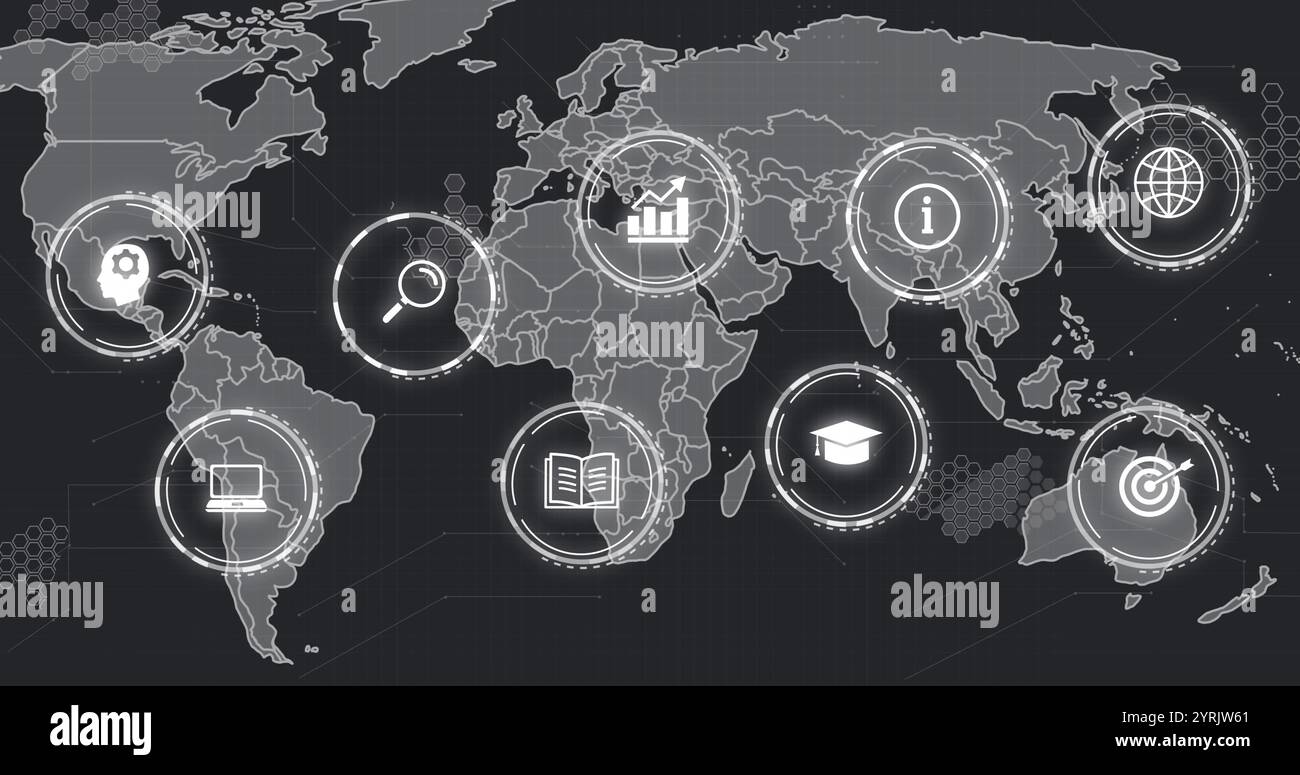 Icone che rappresentano vari settori e servizi in tutto il mondo immagine della mappa Foto Stock