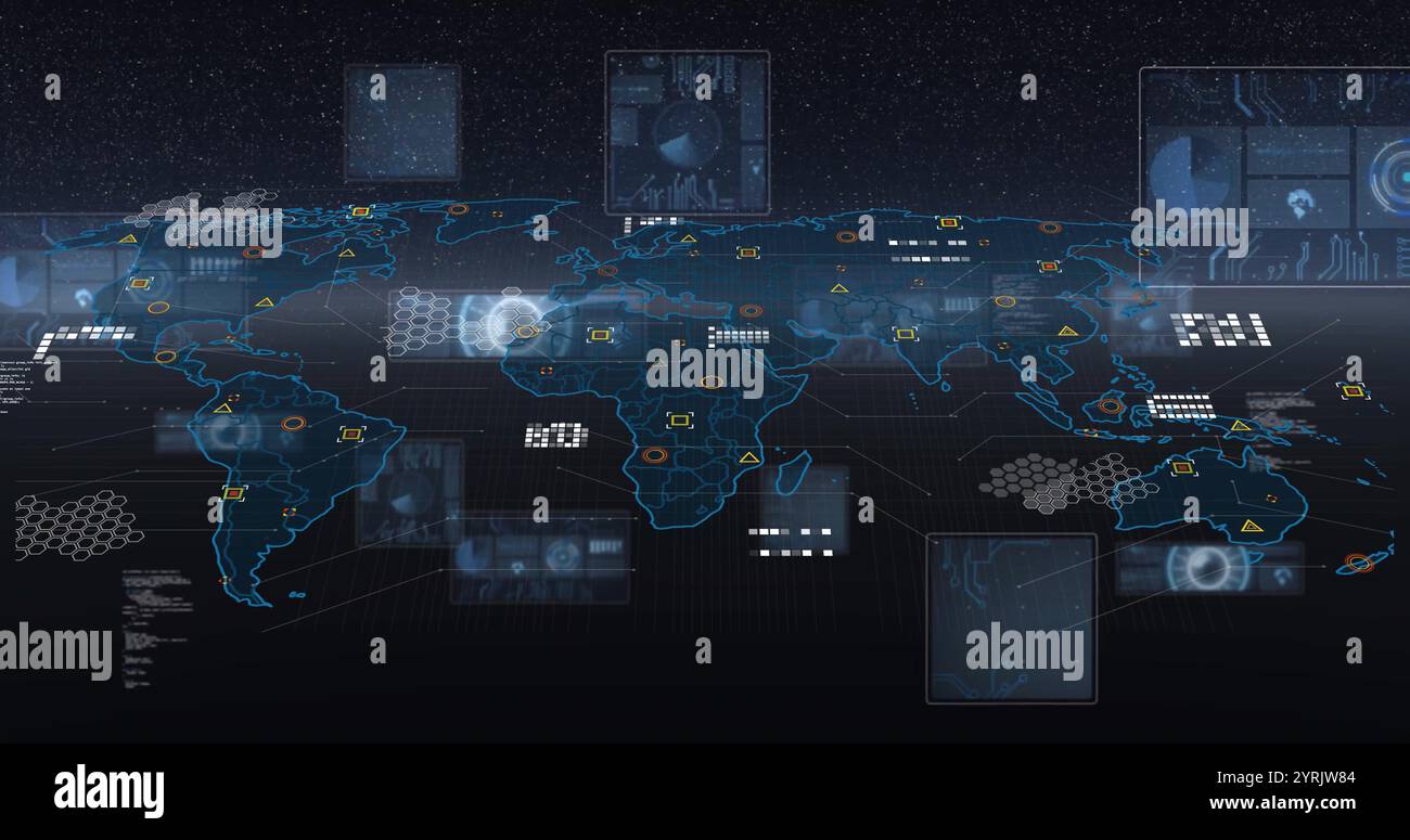Connessioni di rete globali e immagine di elaborazione dati sulla mappa mondiale Foto Stock