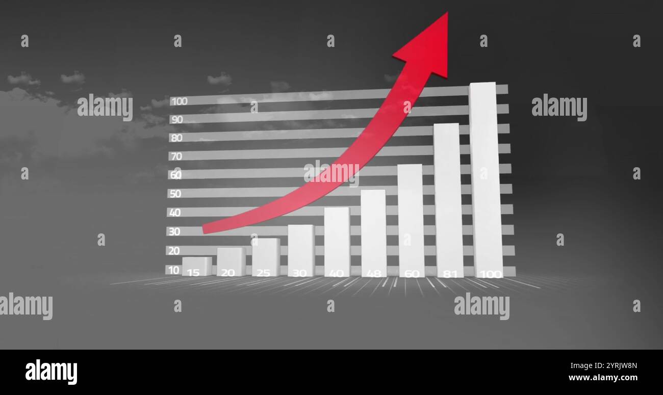 Grafico a barre con immagine con freccia rivolta verso l'alto su sfondo nuvoloso Foto Stock