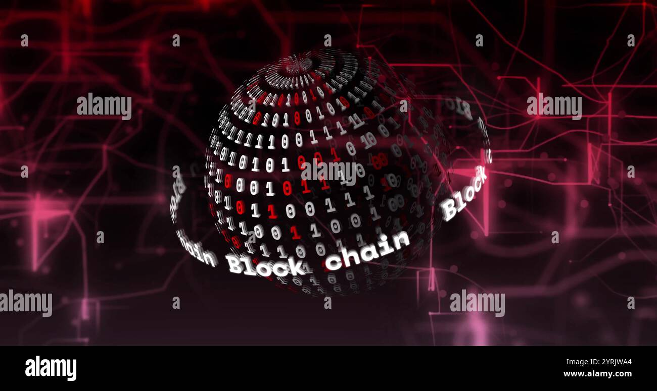 Sfera di codice binario con testo a catena di blocchi, immagine digitale Foto Stock