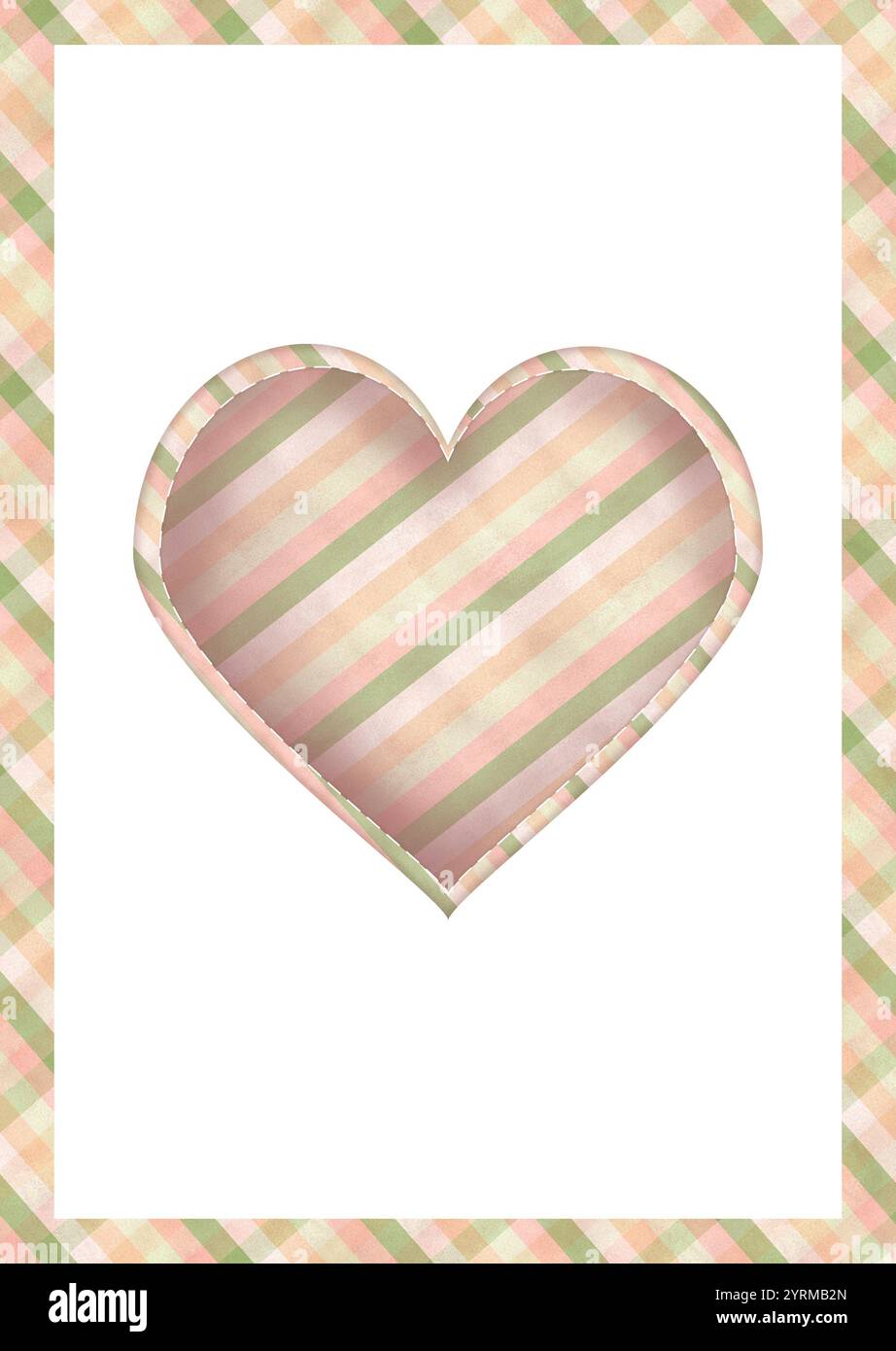 Cartolina pronta per l'uso con cuore a quadri in una cornice rettangolare a quadri. Verde, rosa, beige. Illustrazione ad acquerello disegnata a mano. Foto Stock