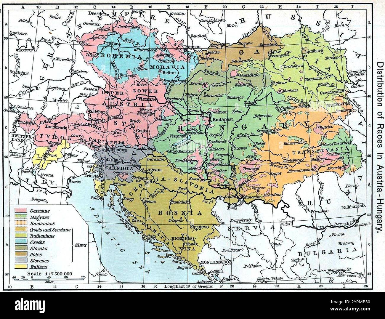 Distribuzione di razze tra cui sloveni, slovacchi, cechi e altri gruppi etnici slavi in Austria-Ungheria. Da The Historical Atlas di William R. Shepherd, 1911. La mappa mostra la distribuzione etnica e linguistica. Foto Stock