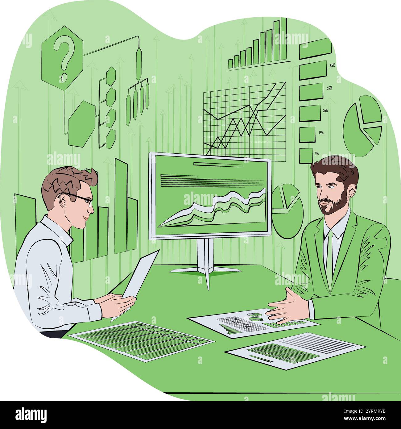 Condurre colloqui con le parti interessate per identificare e comprendere i problemi del processo decisionale. Illustrazione vettoriale. Illustrazione Vettoriale