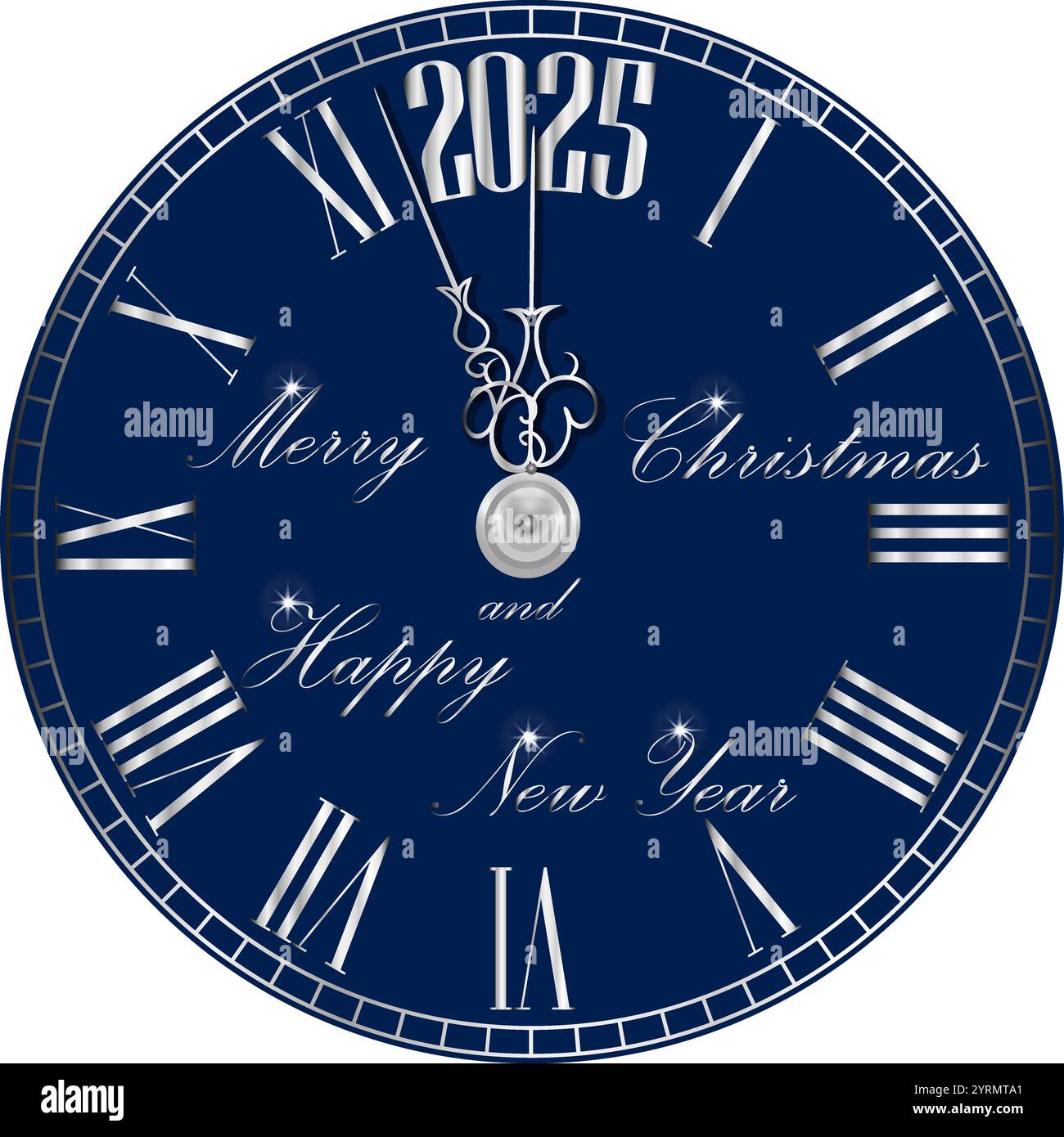 Buon Natale e Capodanno. L'orologio di Capodanno 2025. Conto alla rovescia fino a mezzanotte. Sfondo blu scuro. Illustrazione vettoriale. Illustrazione Vettoriale