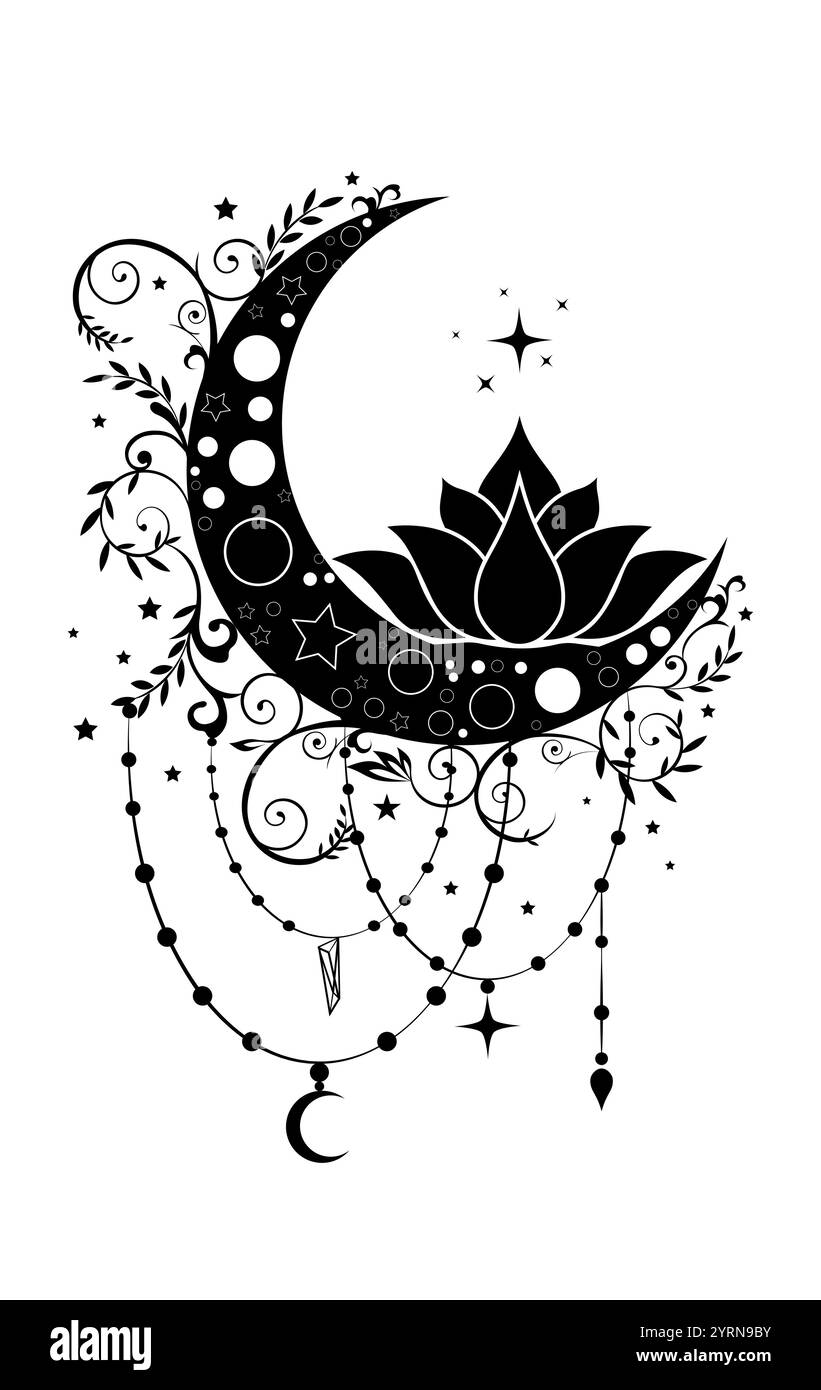 Mystical Crescent Moon e Sacred Lotus Flower con logo in stile boho. Magia floreale clipart celeste di yoga, spa, salone di bellezza, cosmetici, relax, Illustrazione Vettoriale