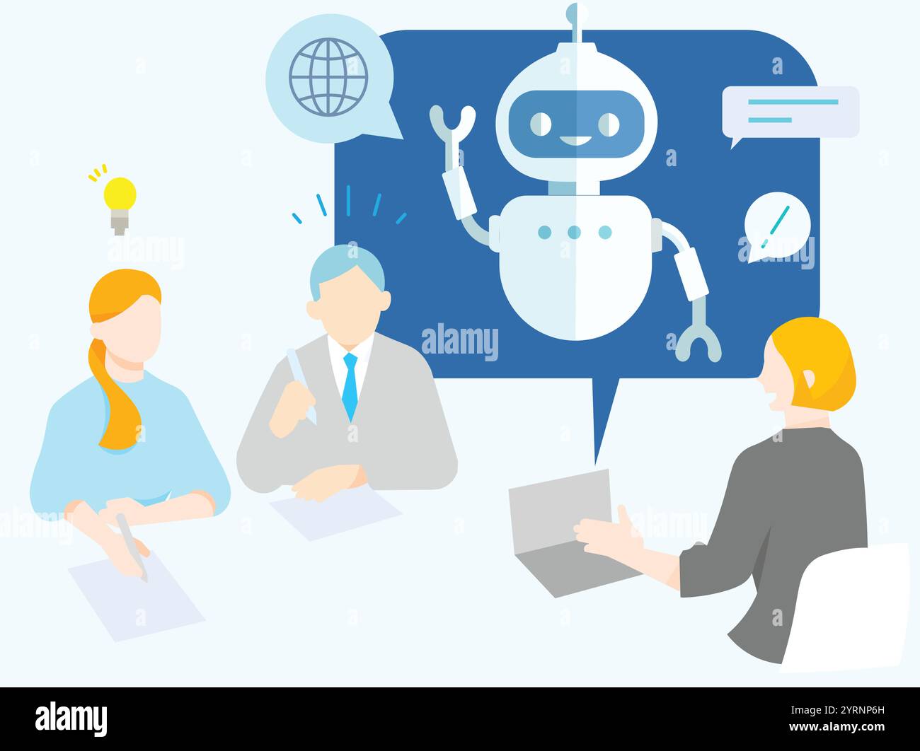 Gli uomini d'affari hanno una riunione e utilizzano chatbot ai - lavoro di squadra - illustrazione vettoriale per uomini e donne d'affari Illustrazione Vettoriale