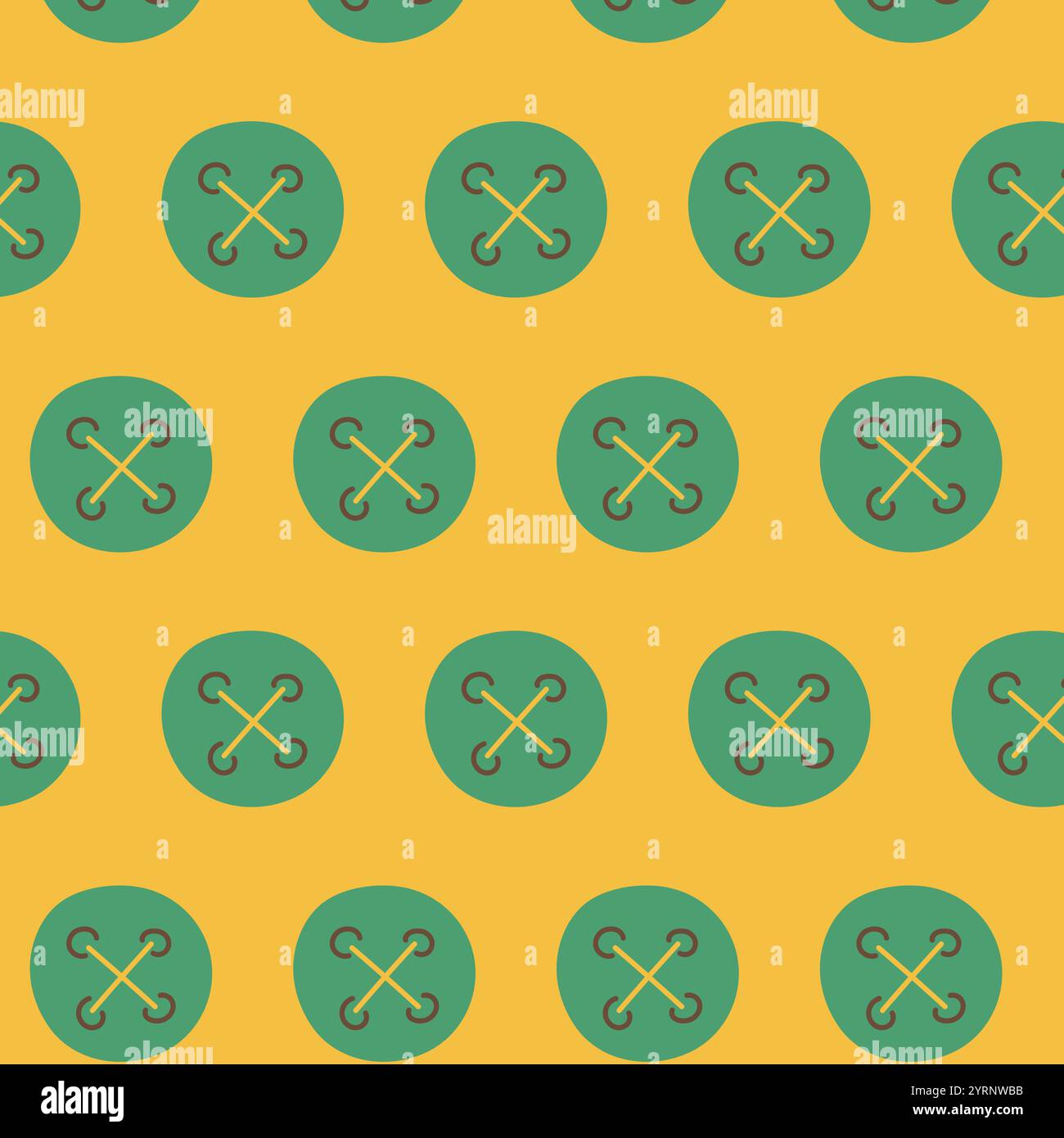 Motivo senza cuciture con bottoni verdi stilizzati con cuciture incrociate su sfondo giallo, ideale per tessuti e progetti di design. Illustrazione Vettoriale