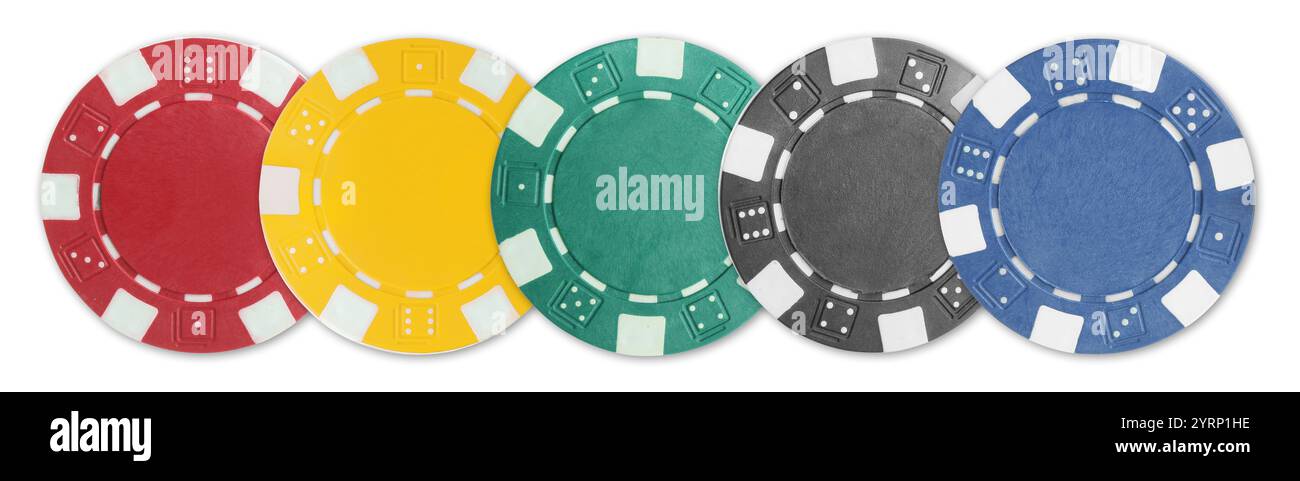 Diverse chip del casinò isolate su bianco, set Foto Stock