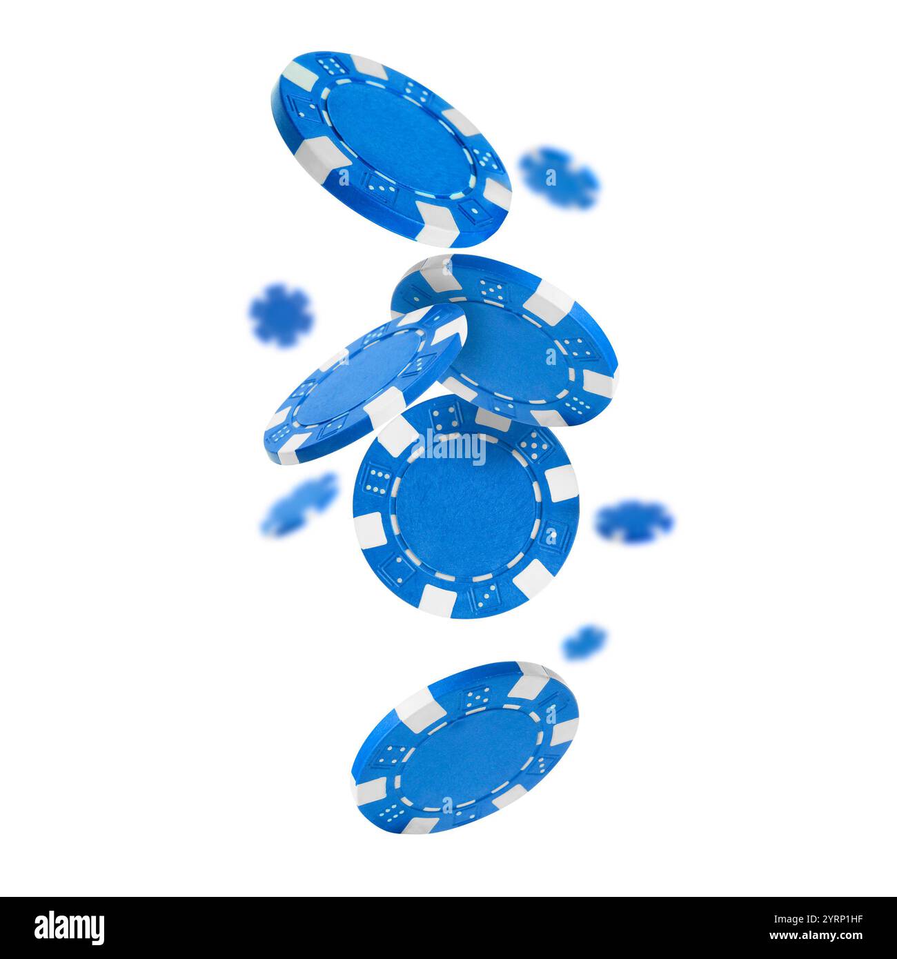 Blue Casino chips in aria su sfondo bianco Foto Stock