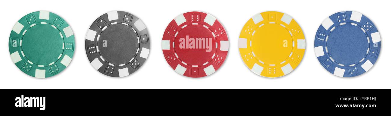 Diverse chip del casinò isolate su bianco, set Foto Stock