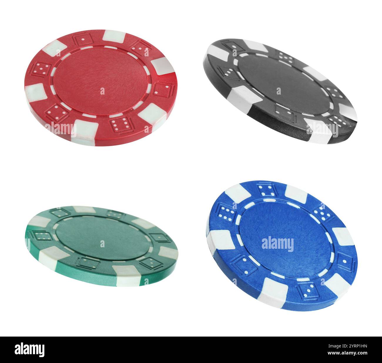 Diverse chip del casinò isolate su bianco, set Foto Stock