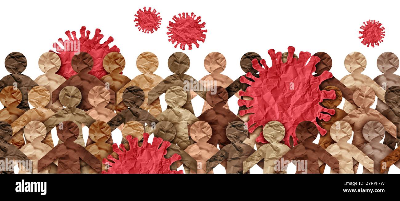 Infezioni da virus respiratorio comunitario come virus sinciziale che si diffonde nella società con diverse persone infettate da un patogeno infettivo diffuso Foto Stock