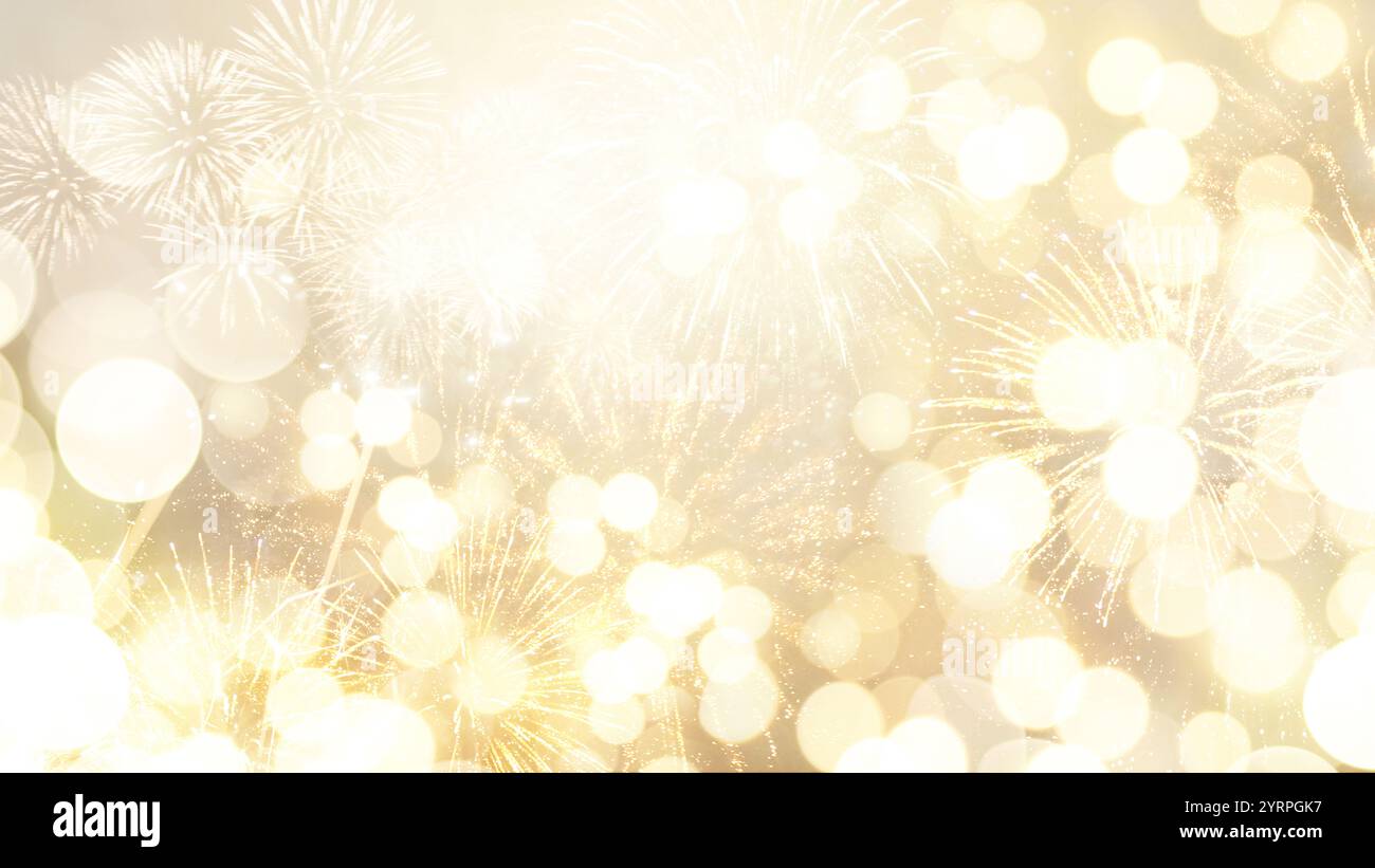 Sfondo di lusso per le festività dorate con bokeh, fuochi d'artificio e scintille. Biglietto per l'anno nuovo, creativo. Spazio libero per il design e il testo. Carta da parati di Natale Foto Stock