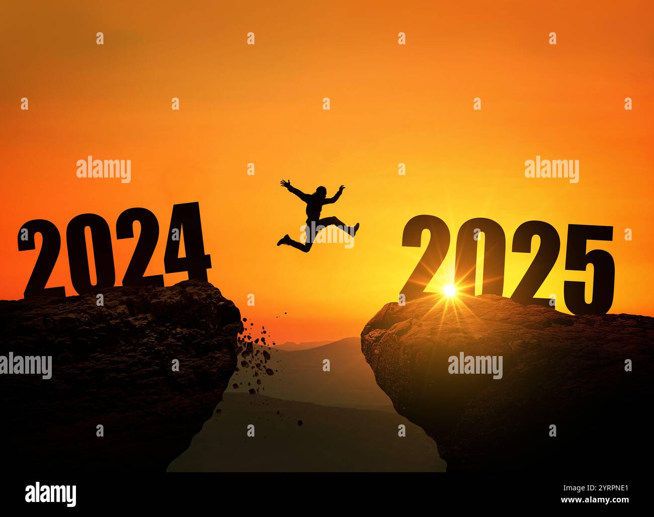 2025, 2024, azione, attivo, sfondo, inizio, azienda, carriera, sfida, cambiamento, cliff, concept, conto alla rovescia, design, sera, libertà, via, cresci Foto Stock