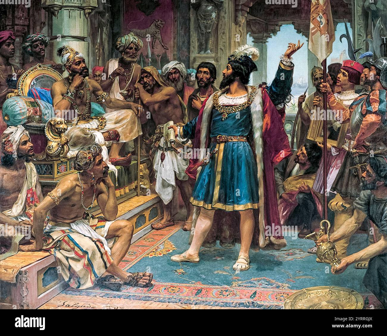 Vasco da Gama perante o Samorim (Vasco da Gama prima dello Zamorin) dell'artista portoghese José Veloso Salgado (1848-1903) dipinto nel 1898 che mostra il primo incontro storico tra l'esploratore portoghese Vasco da Gama (c.1460-1524) e lo Zamorin di Calicut nel 1498. Foto Stock