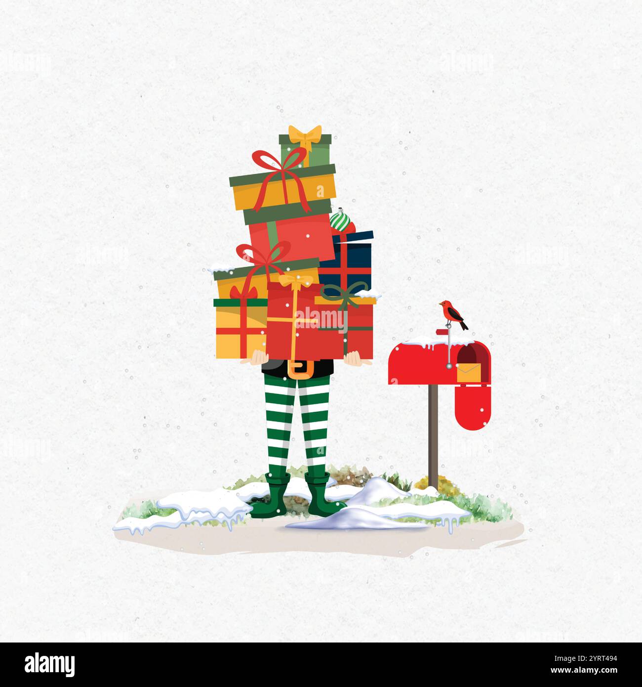 Carino elfo di Natale che porta regali in una scena invernale. Design del biglietto d'auguri per le festività Illustrazione Vettoriale