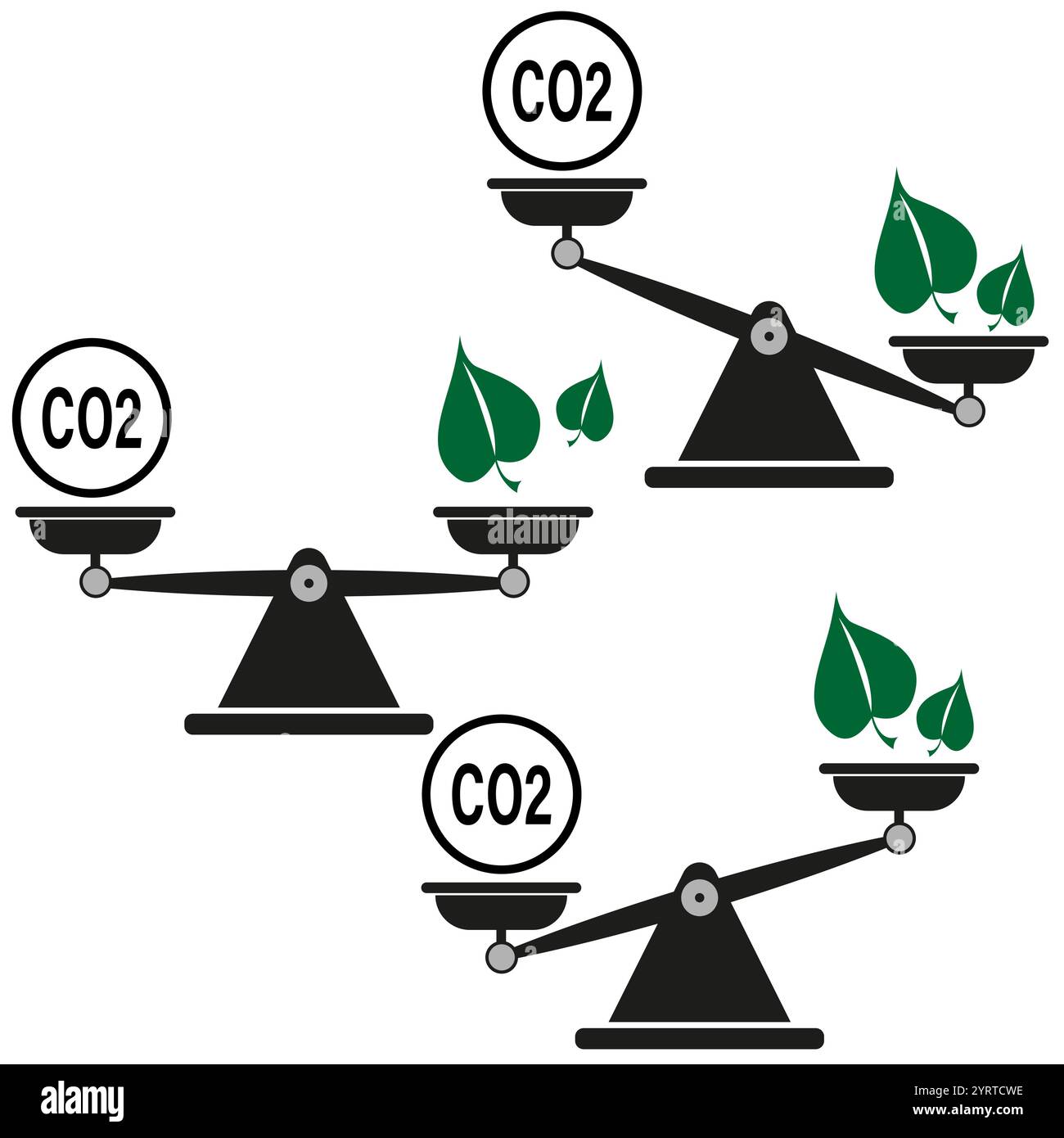 Scala con CO2 e foglie. Icona del bilanciamento del carbonio. Simbolo dell'ecologia e della natura. Elemento verde e nero. Illustrazione Vettoriale