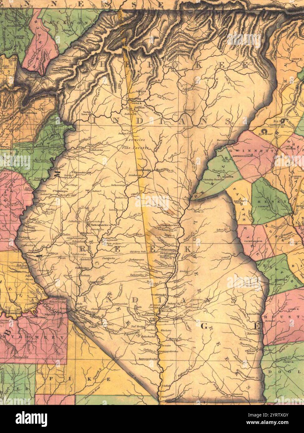 Cherokee Indian and Creek (Muscogee) mappa del territorio indiano all'interno del 1823 Mappa delle contee di Alabama e Georgia (ritagliata). Foto Stock
