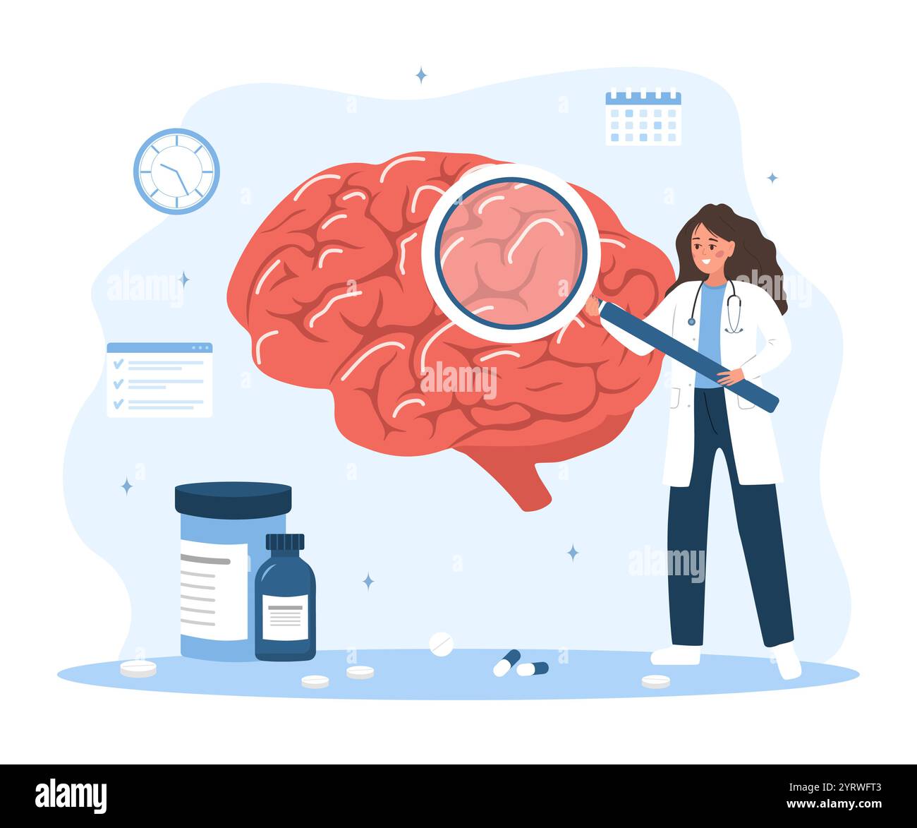 Concetto di neurologo. Donna in uniforme medica con lente d'ingrandimento analizza organo interno. Ricercatore. Illustrazione vettoriale in un cartone animato piatto Illustrazione Vettoriale
