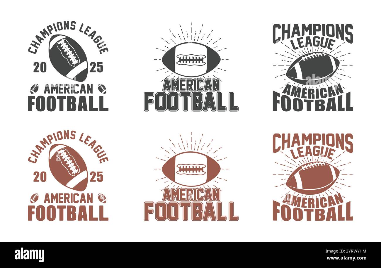 Set di T-shirt da football americano, T-shirt da football americano, T-shirt da football americano Champions League Illustrazione Vettoriale