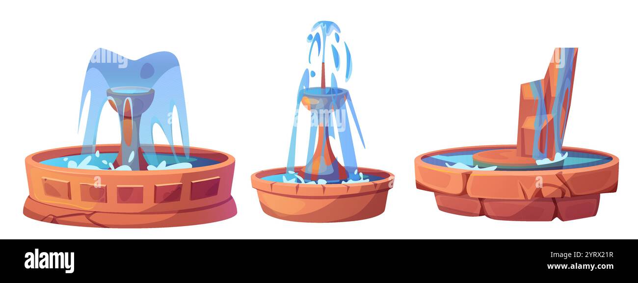 Fontane isolate su sfondo bianco. Illustrazione vettoriale di elementi di design paesaggistico cittadino, vasca rotonda in pietra con irrigatori d'acqua, decorazione di giardini pubblici, punto di riferimento del parco estivo Illustrazione Vettoriale