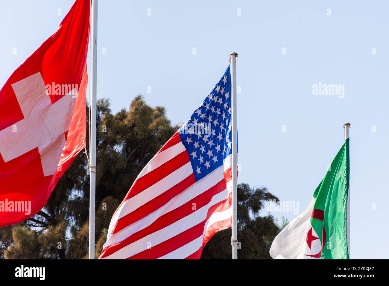 Vista a basso angolo della bandiera nazionale di Svizzera, USA e Algeria contro un cielo limpido. Foto Stock