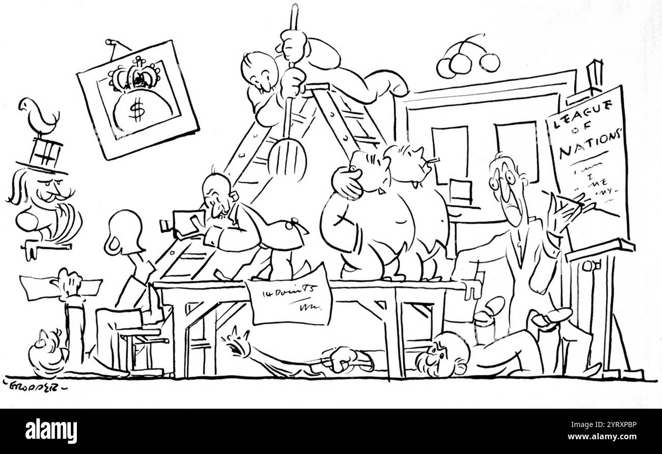 Formando la società delle Nazioni / un cartone satirico di William Gropper, 1897 1977, artista. Pubblicato nel 1918. Il presidente Woodrow Wilson indica il cavalletto, "società delle Nazioni", mentre quattro dei sei uomini nella stanza lo ignorano. Foto Stock
