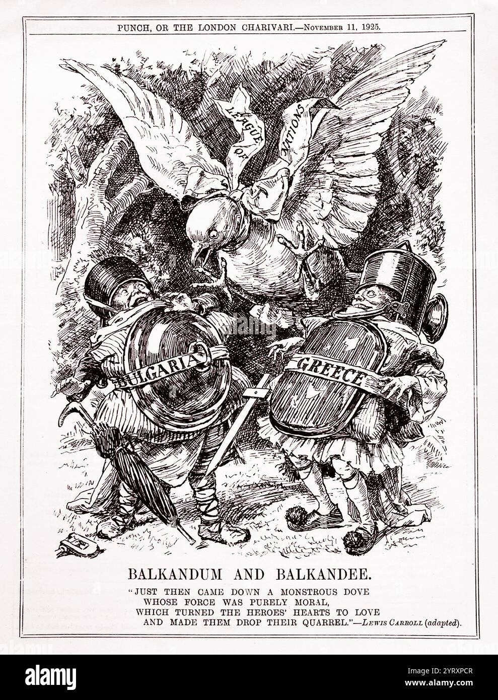 Il cartone animato di punch Magazine satira del ruolo della società delle Nazioni durante la crisi balcanica del 1925 tra Bulgaria e Grecia. Foto Stock