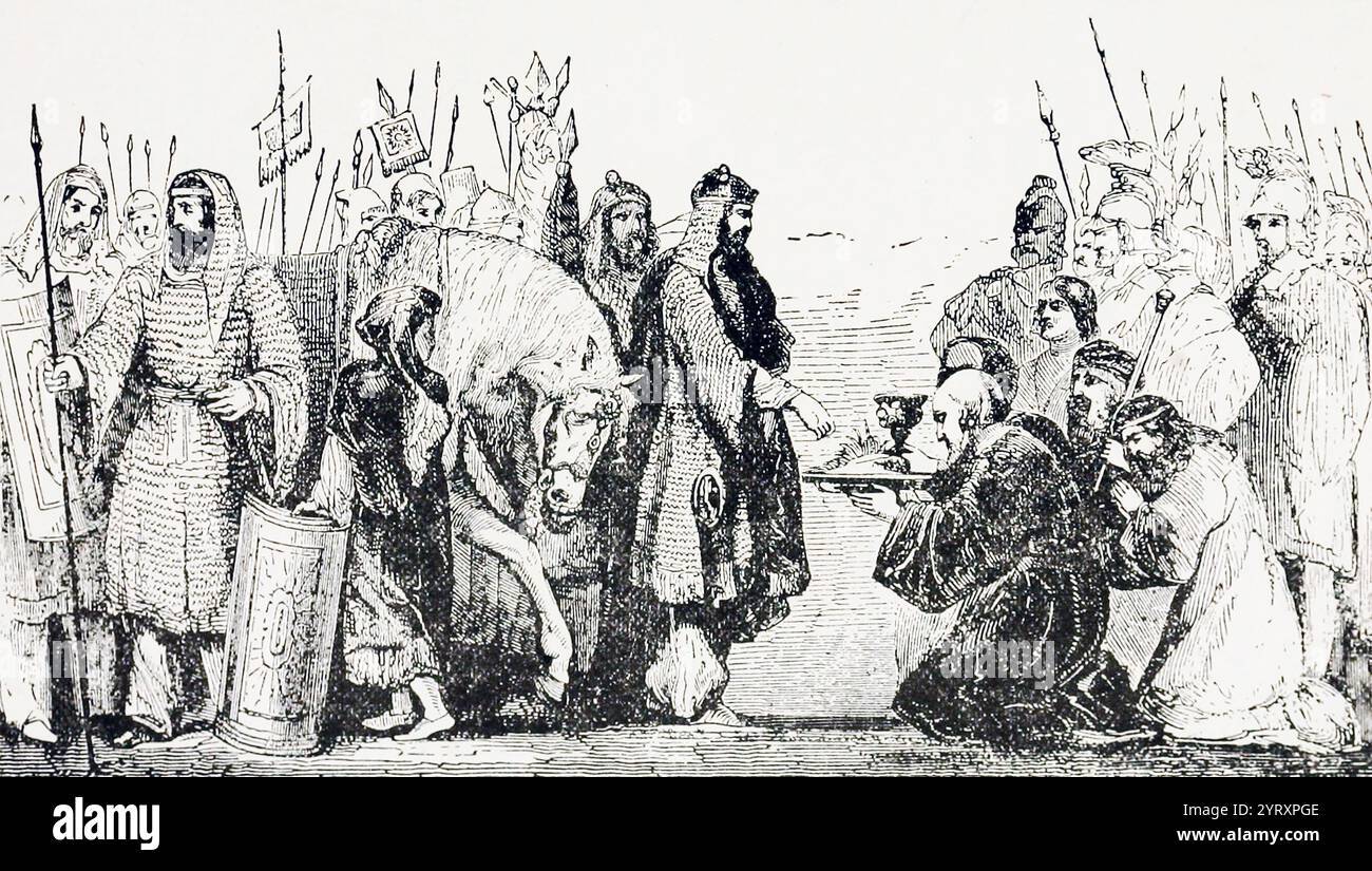 Serse i, sovrano dell'Impero achemenide, riceve tributi mentre le sue guardie del corpo guardano. Illustrazione del XIX secolo. Foto Stock