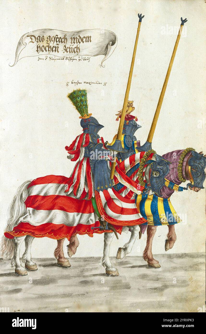 Tra i molti sforzi intrapresi dall'imperatore del Sacro Romano Impero Massimiliano i (1459 1519) per promuovere la sua eredità c'era il suo piano di un monumentale trionfo allegorico, composto da più di 200 incisioni in legno. Il manoscritto di Monaco del Turnierbuch (libro del torneo, noto anche come i Trionfi di Massimiliano) presenta copie dei disegni preparatori realizzati da Hans Burgkmair il Vecchio (1473 1531), che fu responsabile di quasi la metà delle illustrazioni per il trionfo. Le copie furono probabilmente disegnate e colorate a mano da suo figlio, Hans Burgkmair il giovane (circa 1500 59). Mostrano vari cavalieri e.. Foto Stock