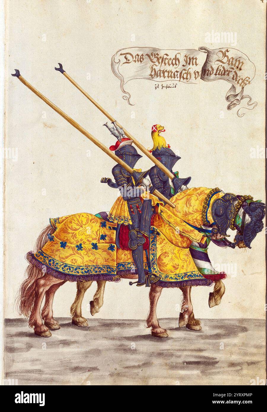 Tra i molti sforzi intrapresi dall'imperatore del Sacro Romano Impero Massimiliano i (1459 1519) per promuovere la sua eredità c'era il suo piano di un monumentale trionfo allegorico, composto da più di 200 incisioni in legno. Il manoscritto di Monaco del Turnierbuch (libro del torneo, noto anche come i Trionfi di Massimiliano) presenta copie dei disegni preparatori realizzati da Hans Burgkmair il Vecchio (1473 1531), che fu responsabile di quasi la metà delle illustrazioni per il trionfo. Le copie furono probabilmente disegnate e colorate a mano da suo figlio, Hans Burgkmair il giovane (circa 1500 59). Mostrano vari cavalieri e.. Foto Stock
