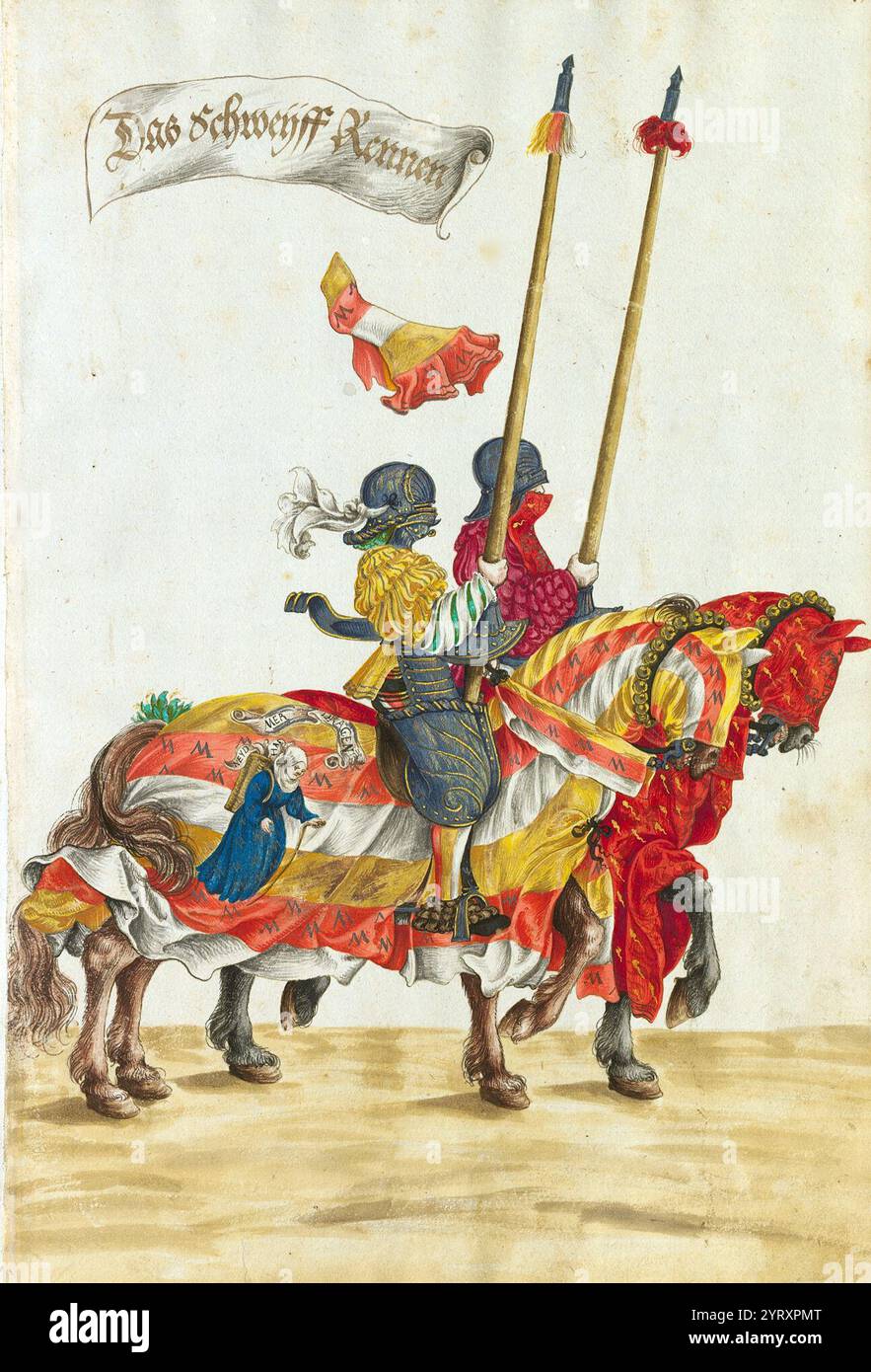 Tra i molti sforzi intrapresi dall'imperatore del Sacro Romano Impero Massimiliano i (1459 1519) per promuovere la sua eredità c'era il suo piano di un monumentale trionfo allegorico, composto da più di 200 incisioni in legno. Il manoscritto di Monaco del Turnierbuch (libro del torneo, noto anche come i Trionfi di Massimiliano) presenta copie dei disegni preparatori realizzati da Hans Burgkmair il Vecchio (1473 1531), che fu responsabile di quasi la metà delle illustrazioni per il trionfo. Le copie furono probabilmente disegnate e colorate a mano da suo figlio, Hans Burgkmair il giovane (circa 1500 59). Mostrano vari cavalieri e.. Foto Stock