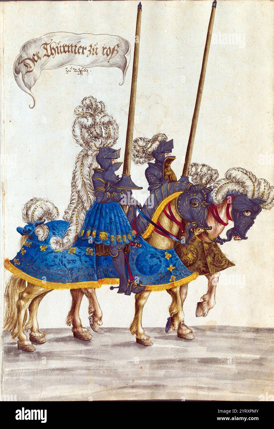 Tra i molti sforzi intrapresi dall'imperatore del Sacro Romano Impero Massimiliano i (1459 1519) per promuovere la sua eredità c'era il suo piano di un monumentale trionfo allegorico, composto da più di 200 incisioni in legno. Il manoscritto di Monaco del Turnierbuch (libro del torneo, noto anche come i Trionfi di Massimiliano) presenta copie dei disegni preparatori realizzati da Hans Burgkmair il Vecchio (1473 1531), che fu responsabile di quasi la metà delle illustrazioni per il trionfo. Le copie furono probabilmente disegnate e colorate a mano da suo figlio, Hans Burgkmair il giovane (circa 1500 59). Mostrano vari cavalieri e.. Foto Stock