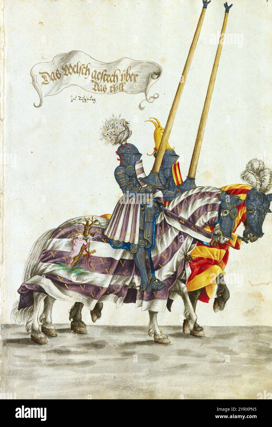 Tra i molti sforzi intrapresi dall'imperatore del Sacro Romano Impero Massimiliano i (1459 1519) per promuovere la sua eredità c'era il suo piano di un monumentale trionfo allegorico, composto da più di 200 incisioni in legno. Il manoscritto di Monaco del Turnierbuch (libro del torneo, noto anche come i Trionfi di Massimiliano) presenta copie dei disegni preparatori realizzati da Hans Burgkmair il Vecchio (1473 1531), che fu responsabile di quasi la metà delle illustrazioni per il trionfo. Le copie furono probabilmente disegnate e colorate a mano da suo figlio, Hans Burgkmair il giovane (circa 1500 59). Mostrano vari cavalieri e.. Foto Stock