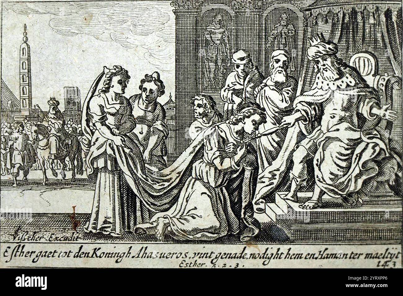 1700 incisione della Bibbia dell'Antico Testamento che mostra la vecchia storia del testamento della regina Esther che accusa Haman Foto Stock