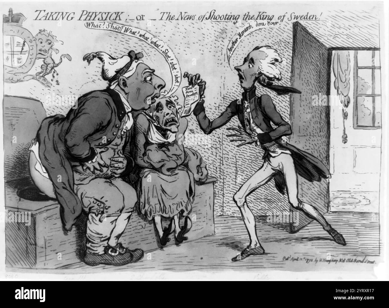 Caricatura (inglese) raffigurante re Giorgio III che riceve la notizia dell'assassinio di Gustavo III (24 gennaio 1746 ? Gustavo III, re di Svezia dal 1771 fino al suo assassinio nel 1792 29 1792. Foto Stock