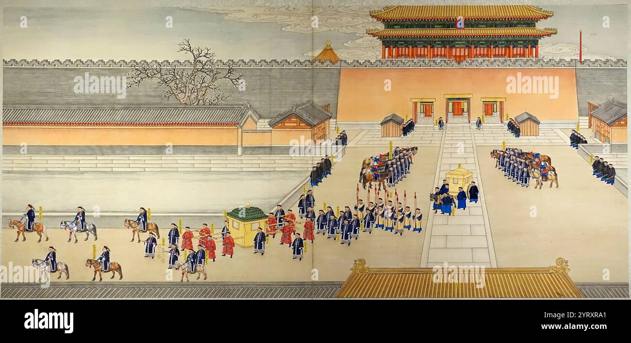 Grande matrimonio imperiale dell'imperatore Guangxu. La futura imperatrice Xiaoding che esce dalla porta dell'abilità divina, di Qing Kuan, 1889 circa. L'imperatore Guangxu (1871 Il 14 novembre 1908), noto anche con il nome del tempio, l'imperatore Dezong di Qing, nome personale Zaitiano, fu il decimo imperatore della dinastia Qing e il nono imperatore Qing a governare la Cina. Il suo regno fu in gran parte dominato dalla zia materna l'imperatrice Cixi. Iniziò la riforma radicale dei cento giorni, ma fu bruscamente fermato quando l'imperatrice vedova lanciò un colpo di stato nel 1898, dopo di che fu tenuto sotto le porte di una casa virtuale Foto Stock