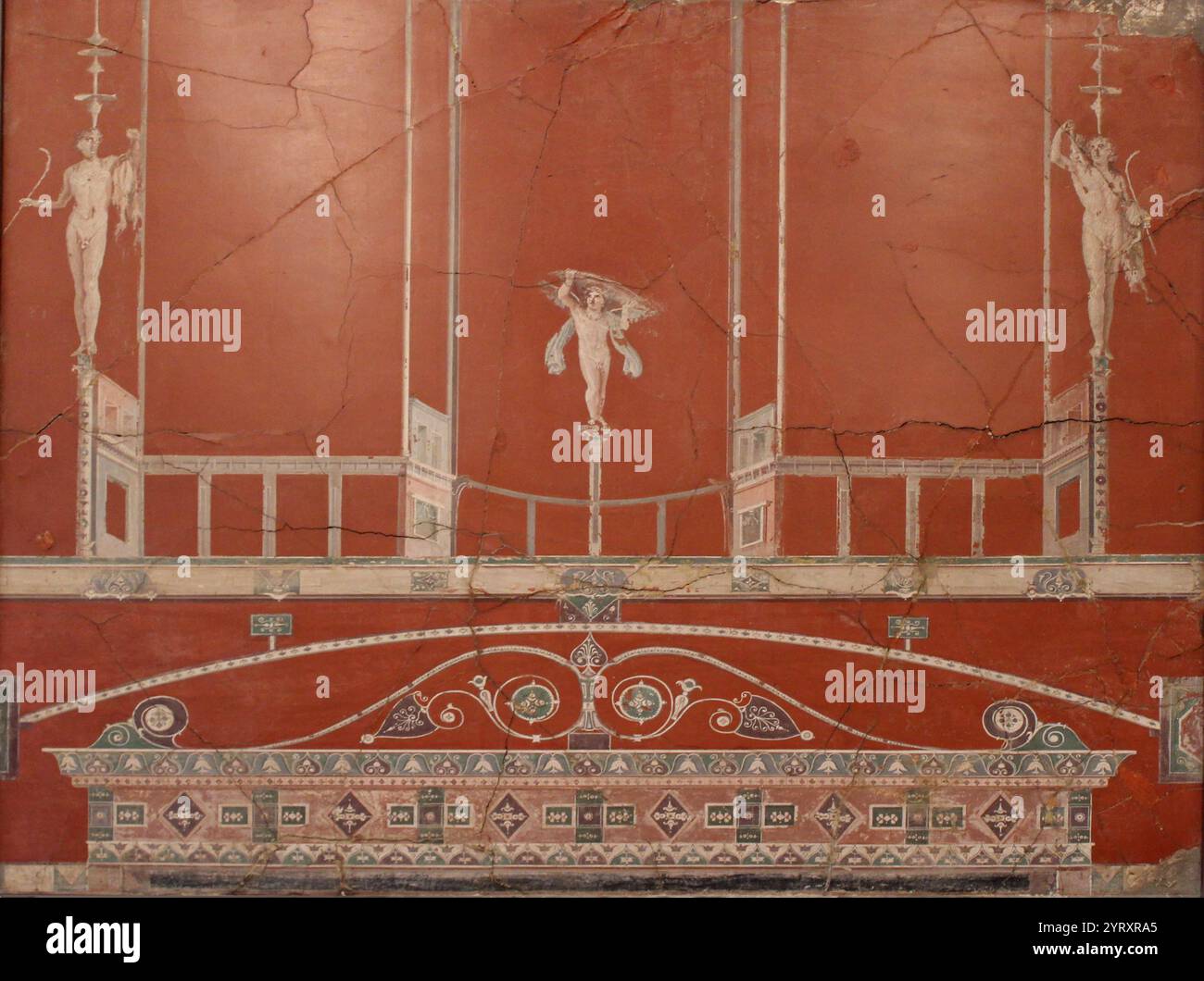 Architettura supportata da Satyrs. Pittura murale romana di Ercolano. 1-25 CE Foto Stock