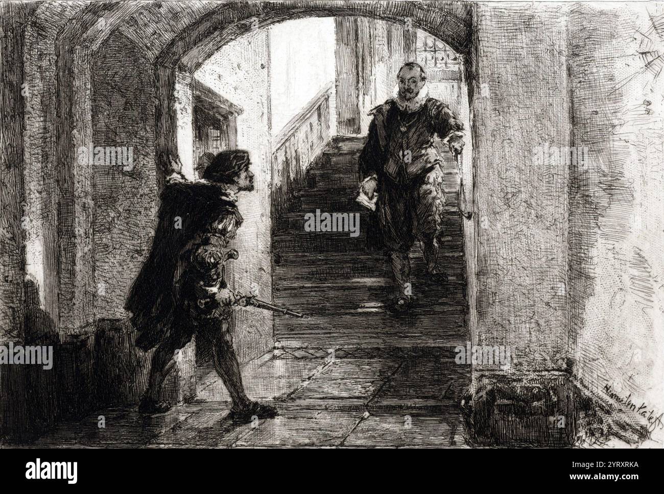 Assassinio di Guglielmo il silenzio (1533 ? 10 luglio 1584), più comunemente noto nei Paesi Bassi [1] [2] come Guglielmo d'Orange (olandese: Willem van Oranje), fu il capo della rivolta olandese contro gli Asburgo spagnoli che scatenò la guerra degli ottant'anni (1568?1648) e portò all'indipendenza formale delle Province Unite nel 1648. Foto Stock