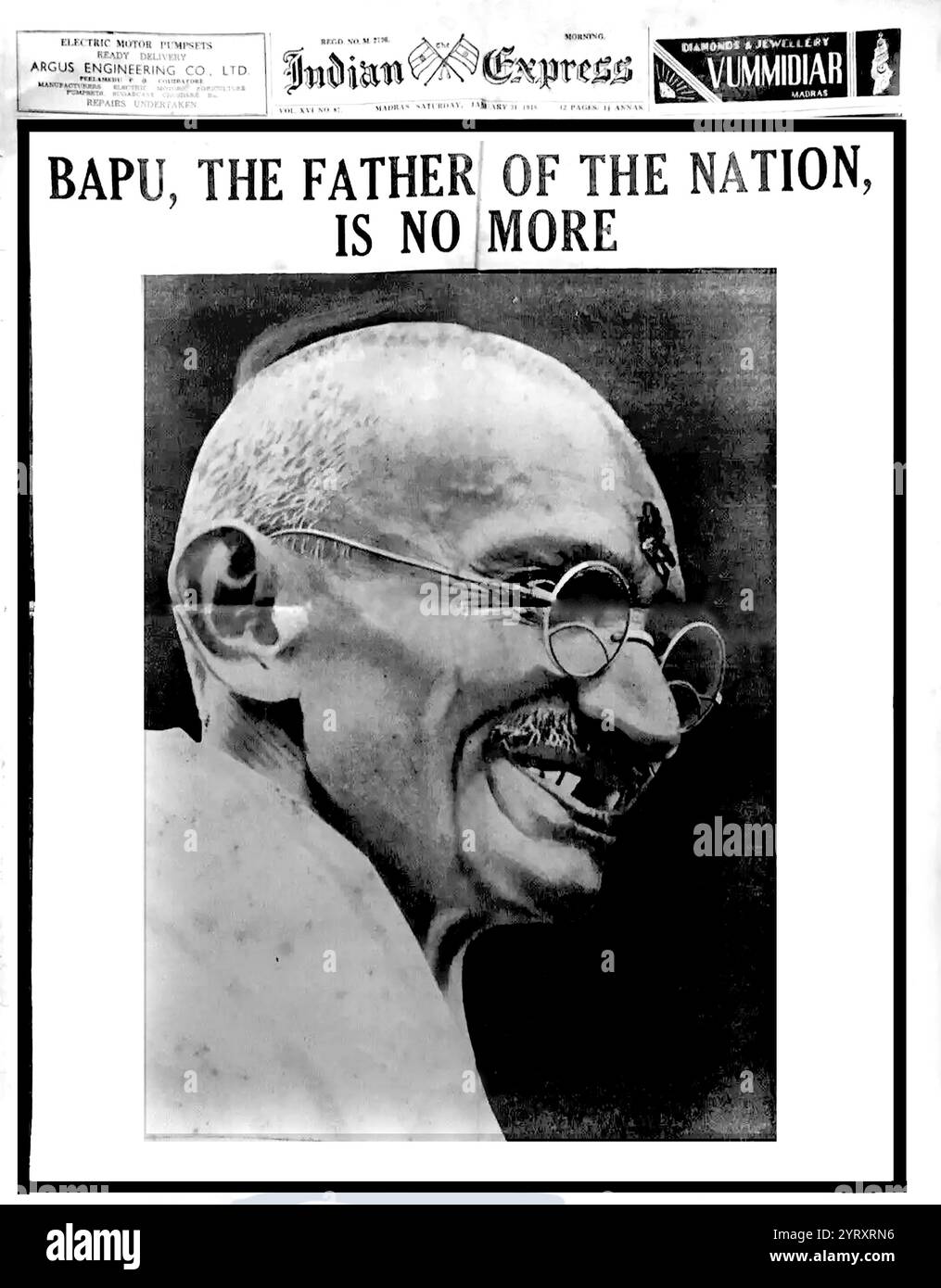 Prima pagina di giornale che riporta sulla morte di Mahatma Gandhi. A cui è stato sparato Gandhi al petto tre volte in un punto vuoto durante un incontro di preghiera multireligiosa a Birla House a nuova Delhi il 30 gennaio 1948 Foto Stock Prima pagina di giornale che riporta sulla morte di Mahatma Gandhi. A cui è stato sparato Gandhi al petto tre volte in un punto vuoto durante un incontro di preghiera multireligiosa a Birla House a nuova Delhi il 30 gennaio 1948 Foto Stock