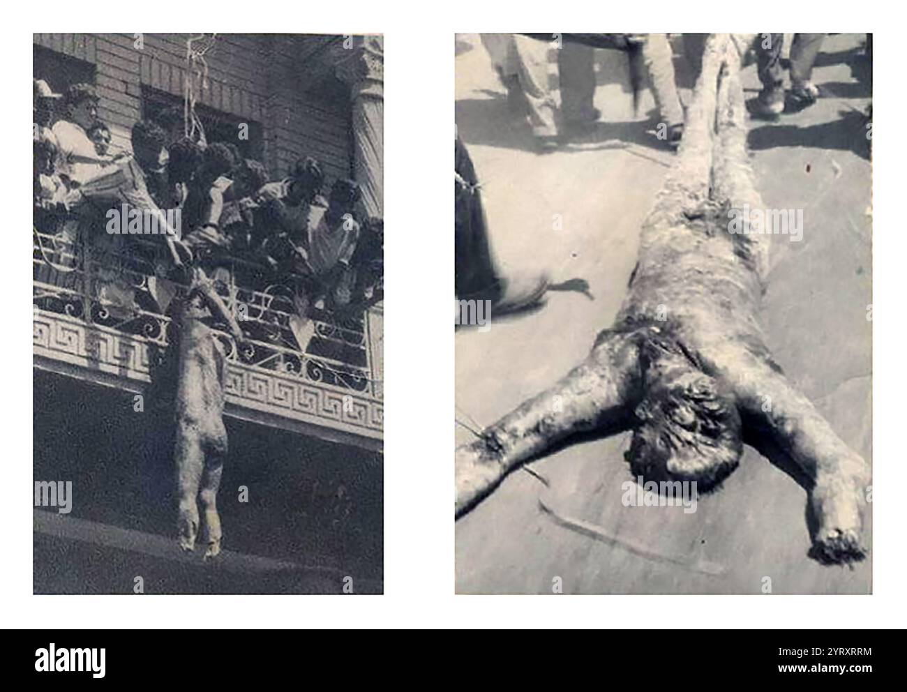 Cadaveri mutilati del principe ereditario Abd al il?h di Hejaz (a sinistra) e del primo ministro Nuri, assassinati durante la rivoluzione del 14 luglio 1958, un colpo di stato in Iraq, rovesciamento del re Faysal II e del regno hashemita guidato dall'Iraq. Un gruppo di ufficiali liberi iracheni, guidati dal brigadiere Abd al Karim Qasim e dal colonnello Abdul Salam Arif, presero il controllo della capitale e proclamarono una nuova repubblica, guidata da un Consiglio rivoluzionario. Foto Stock